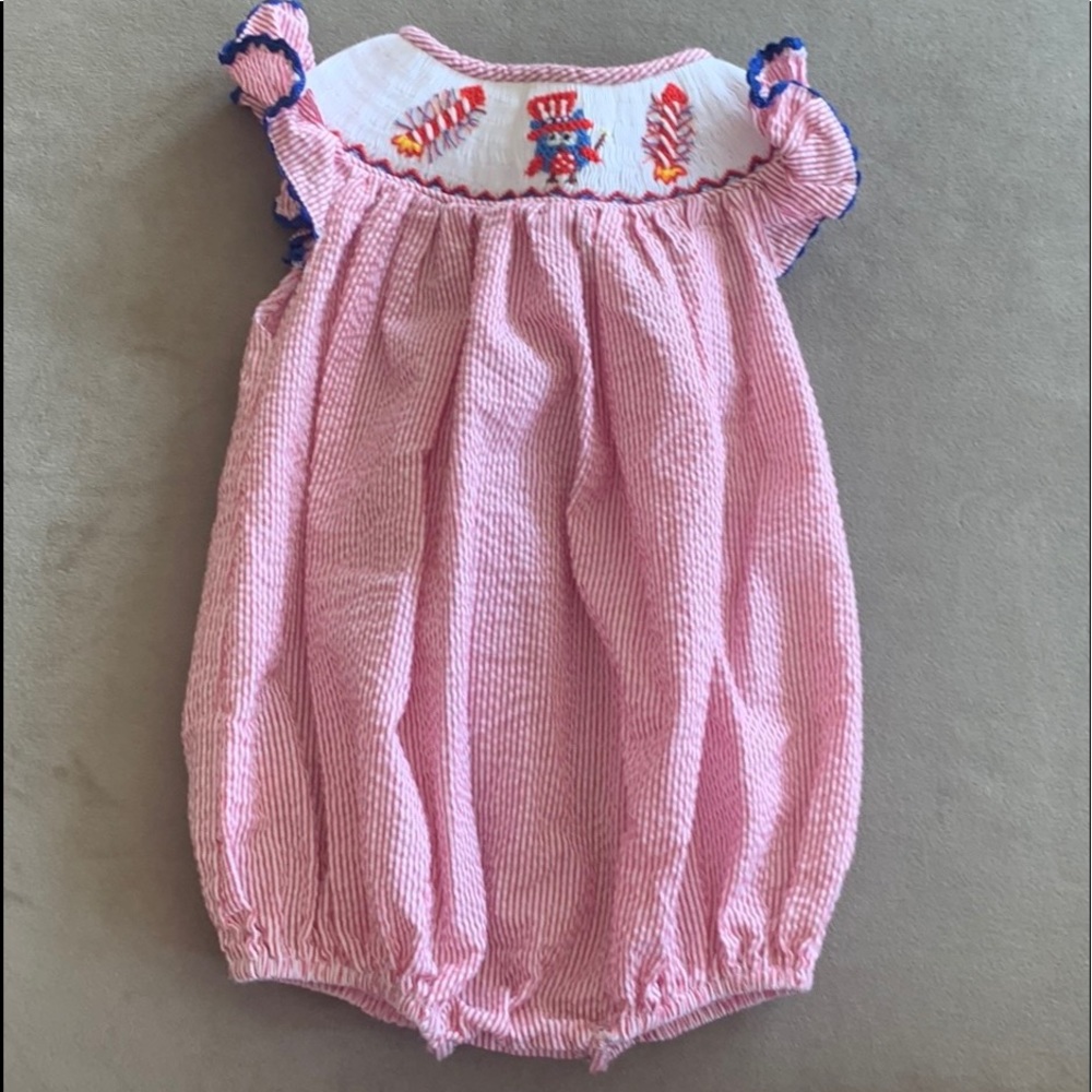 Vintage Patriotic Smocked Bubble Romper 12 Months
